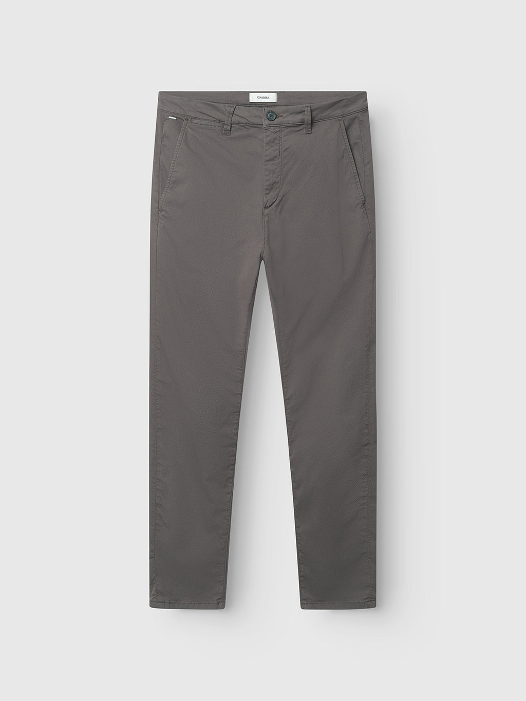 The Gabba GABpaul K3280 Dale Chino in Charcoal, featuring a straight-leg slim fit, French pockets, double-paspel back pockets, and a button closure, is displayed flat on a white background.