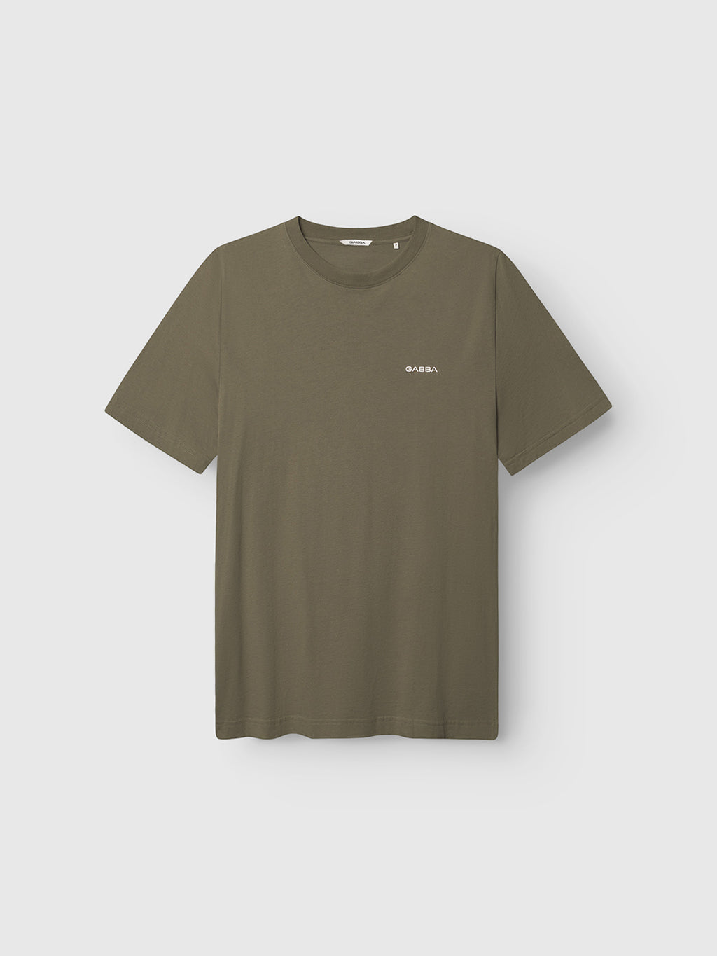 Gabba GABdune Logo GOTS SS T-Shirt in Deep Lichen Green, featuring a classic fit, crew neckline, and small white logo on the left chest. Made from soft organic cotton and shown against a light gray background.