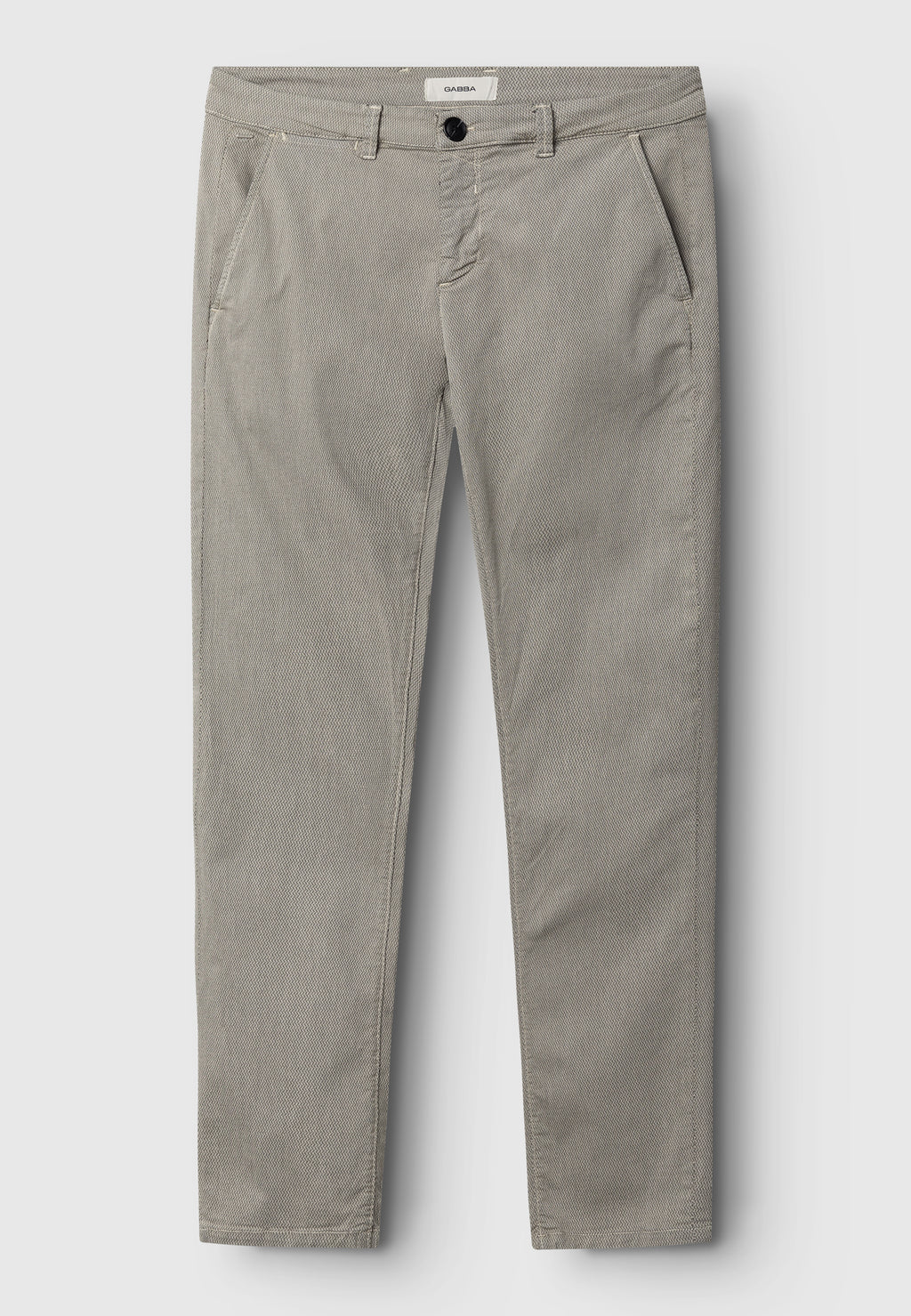 The Gabba GABpaul K3280 Dale Chino in Birch is a light gray slim-fit pant featuring a button closure, French side pockets, and double-paspel back pockets, shown laid flat on a white background.