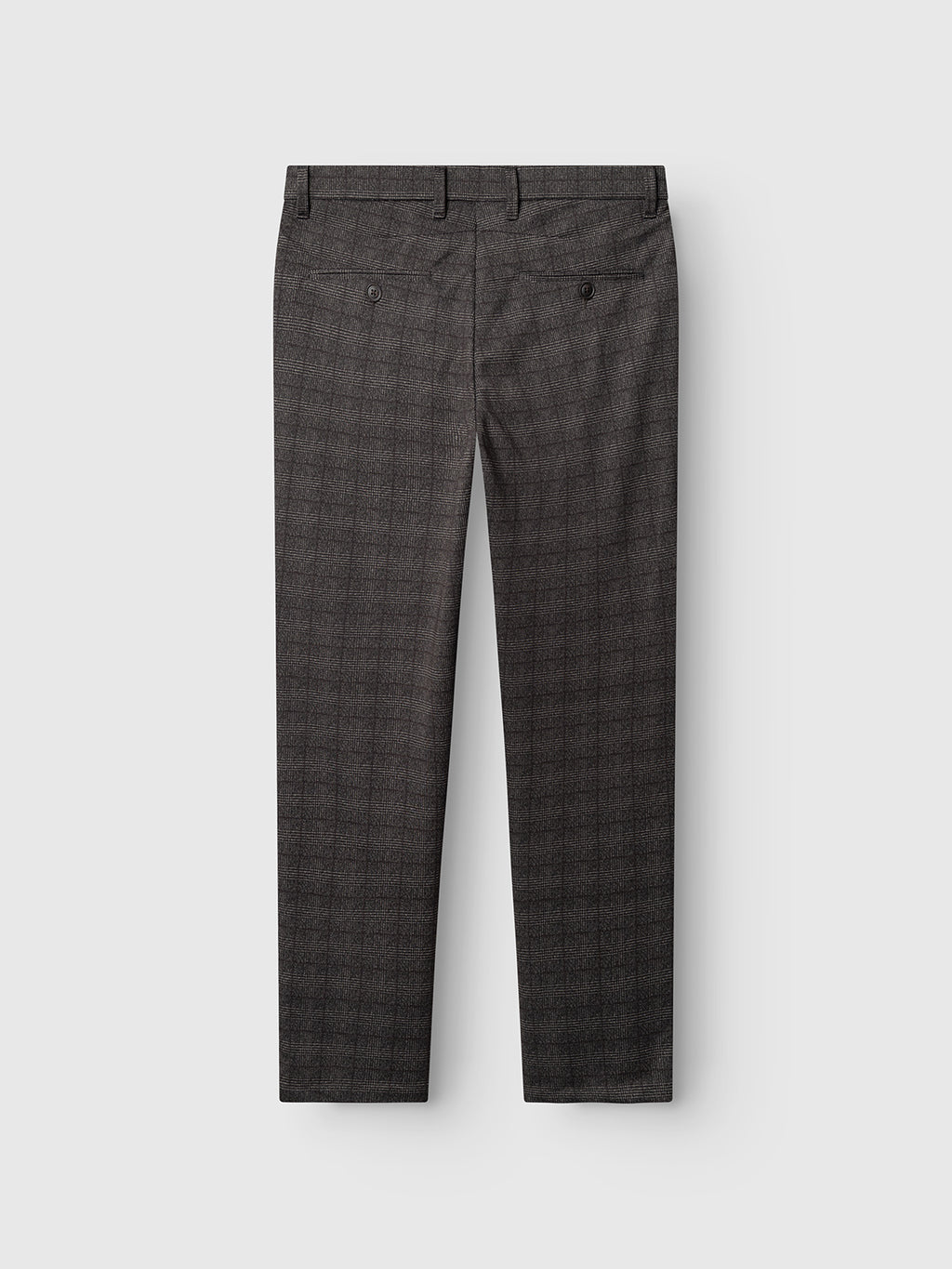 The GABpaul Nygo - Grey Check dress pants by Gabba are shown from the back, featuring a subtle plaid pattern and crafted from comfortable stretch fabric for ease of movement. Designed with belt loops, two back buttoned pockets, and a slim, tailored fit, these pants are ideal for everyday wear and are displayed against a plain light background.