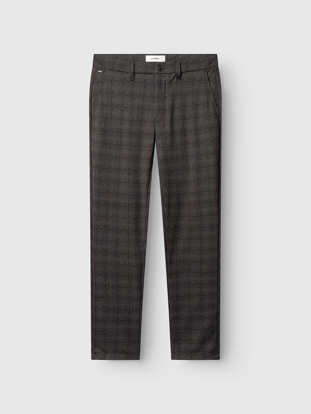 GABpaul Nygo - Grey Check dress pants by Gabba, featuring a gray check pattern, straight-leg cut, slim chino fit, button closure, and side pockets. Crafted from comfort stretch fabric for ease of movement—ideal for everyday wear—and showcased against a plain white background.