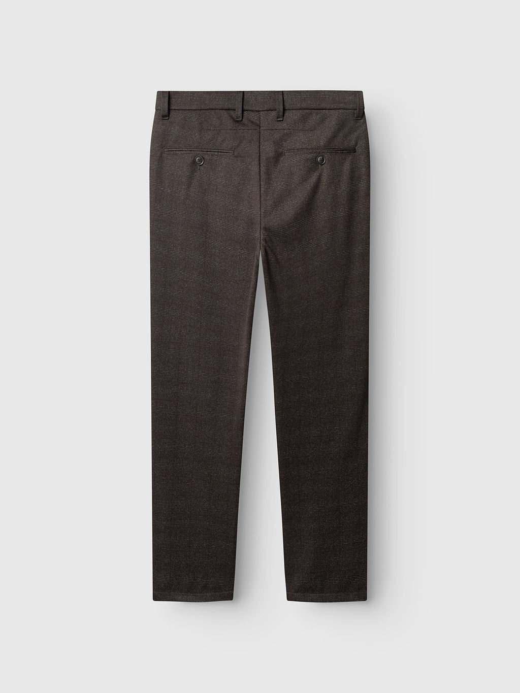 Back view of the Gabba GABpaul Nygo - Brown Check dress pants, featuring two buttoned welt pockets and a tailored slim chino fit, crafted from comfort stretch fabric for everyday wear, laid flat on a light gray background.