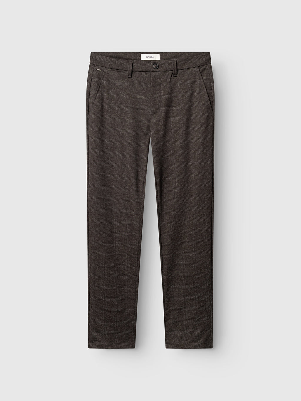 GABpaul Nygo - Brown Check dress pants by Gabba, featuring a slim chino fit with front and back pockets, belt loops, and a button closure. Crafted from comfort stretch fabric for ease of movement, these brown check pants are ideal for everyday wear and are displayed flat against a light gray background.
