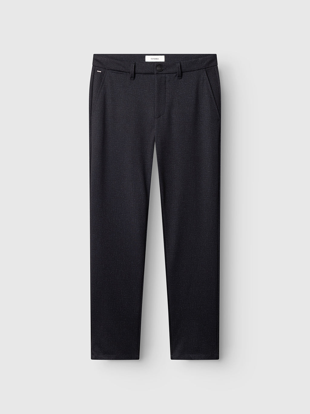 GABpaul Nygo - Night Sky by Gabba features slim-fit chino dress pants in black, designed with a front button and zipper closure, side pockets, and crafted from comfort stretch fabric. Displayed against a light grey background.