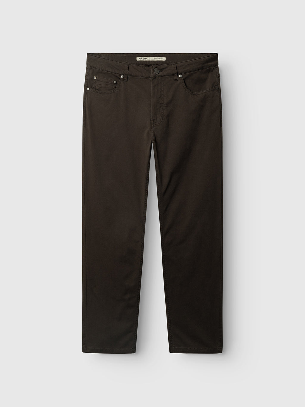 A pair of brown slate GABmarc 5poc Marlo regular fit jeans from Gabba, featuring five pockets and a button closure, laid flat against a white background—perfect for everyday wear.