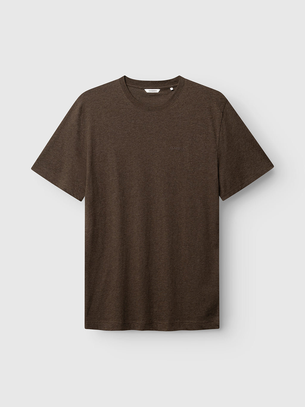 The GABdune Melange New SS T-Shirt by Gabba in Brown Slate is displayed against a light gray background. Crafted from soft melange jersey, this regular-fit T-shirt features a classic crew neckline, short sleeves, and a plain design with no visible logos or graphics.