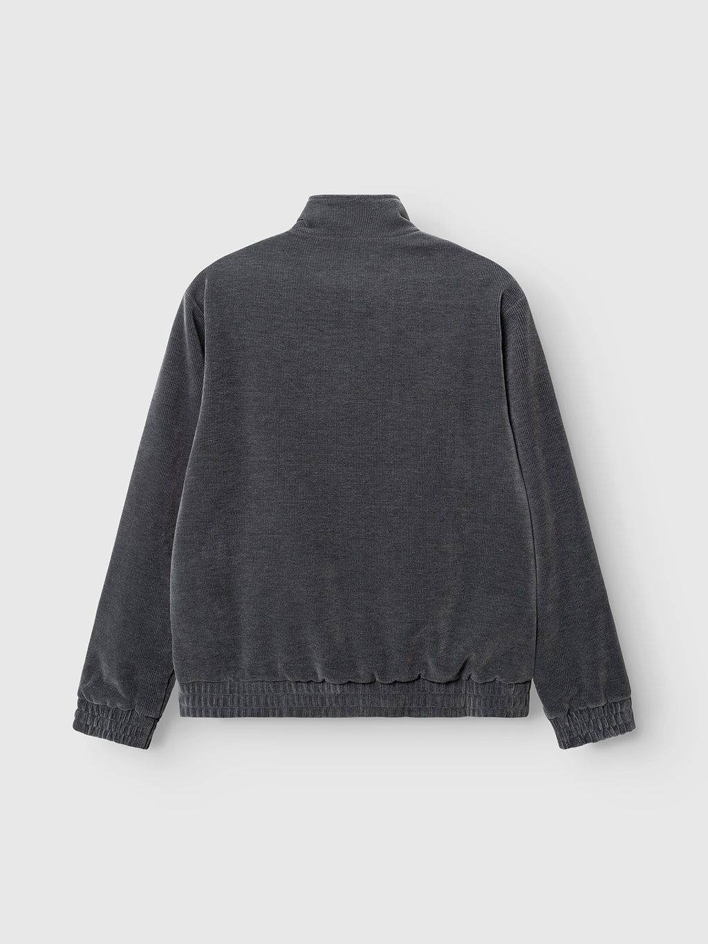 The Gabba GABnik Pulz Fune Jacket in Turbulence Blue is shown from the back. This modern outerwear features a high collar, elastic cuffs, and an elastic waistband. Crafted from soft, slightly textured jersey corduroy, it offers both comfort and contemporary style.