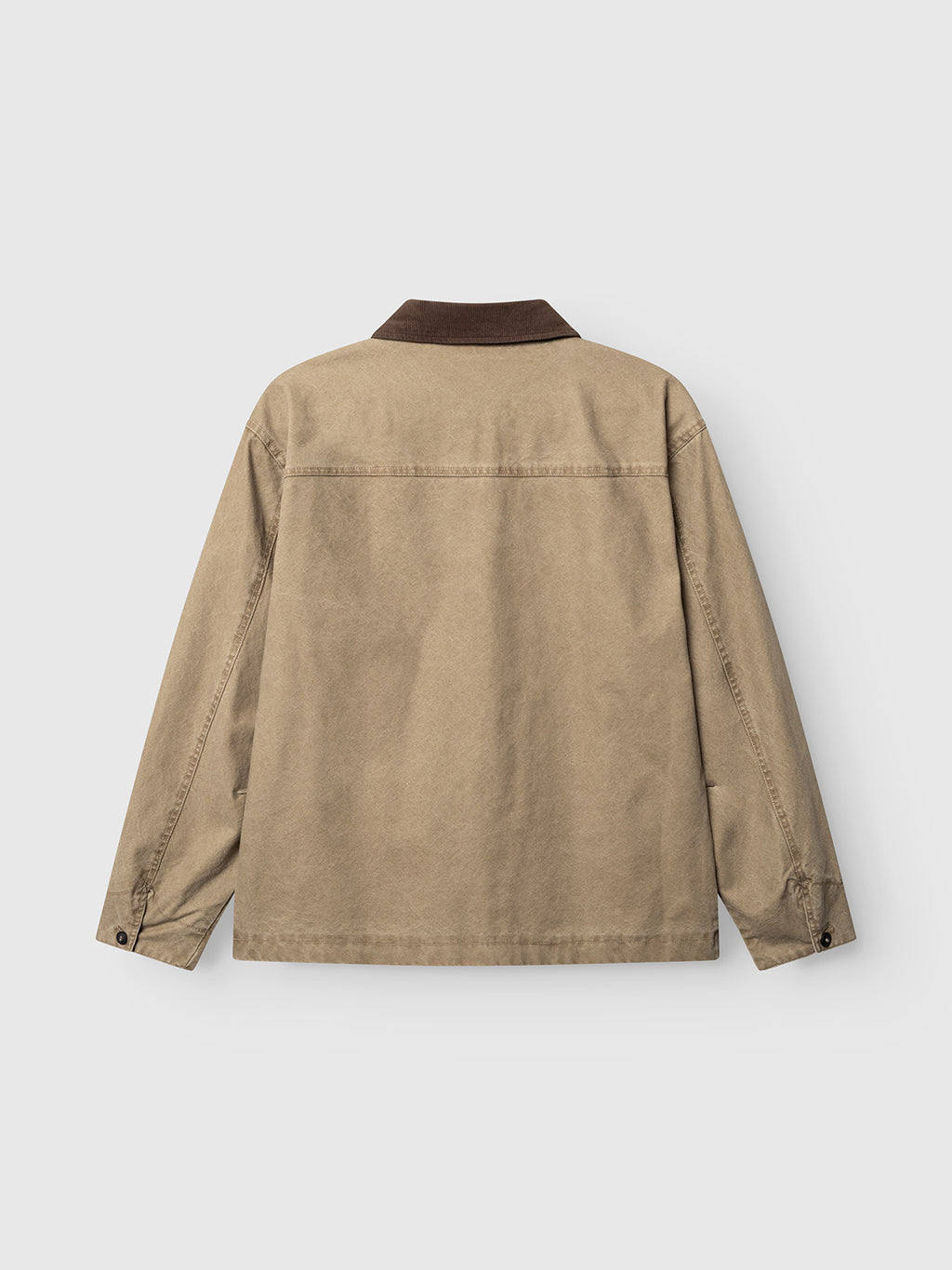 GABotto Tela Outerwear - Sand Crocker by Gabba, shown flat with the back side visible against a light background. This tan workwear jacket features long sleeves, buttoned cuffs, and a contrasting dark brown corduroy collar. Expertly crafted from washed cotton canvas for a rugged yet comfortable feel.