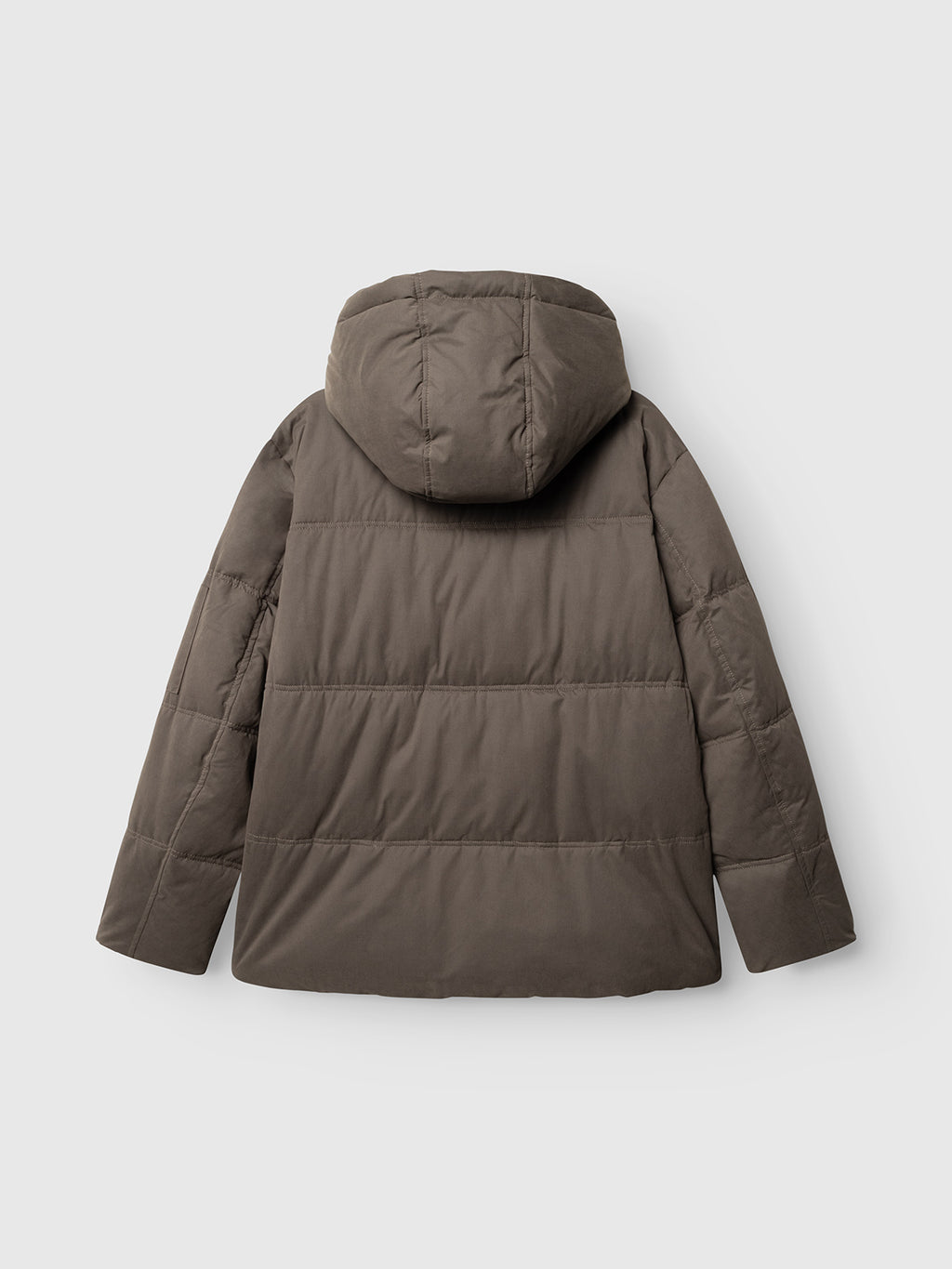 Back view of a brown GABjulien Calle Outerwear - Brown Slate hooded padded insulation jacket.