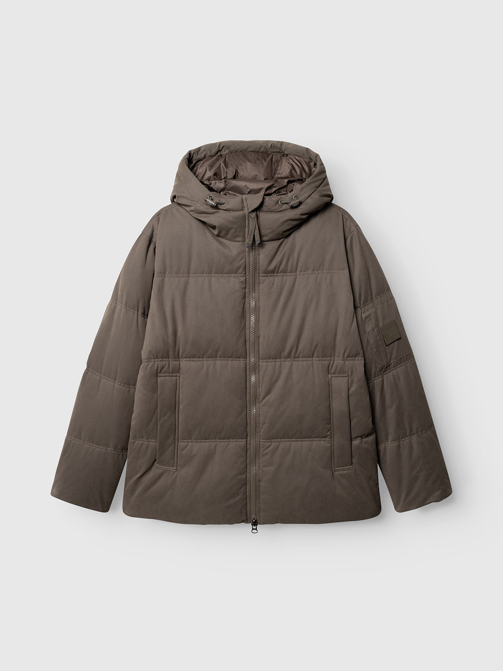 Gabba GABjulien Calle Outerwear - Brown Slate hooded puffer jacket featuring padded insulation, a front zipper, and two side pockets.