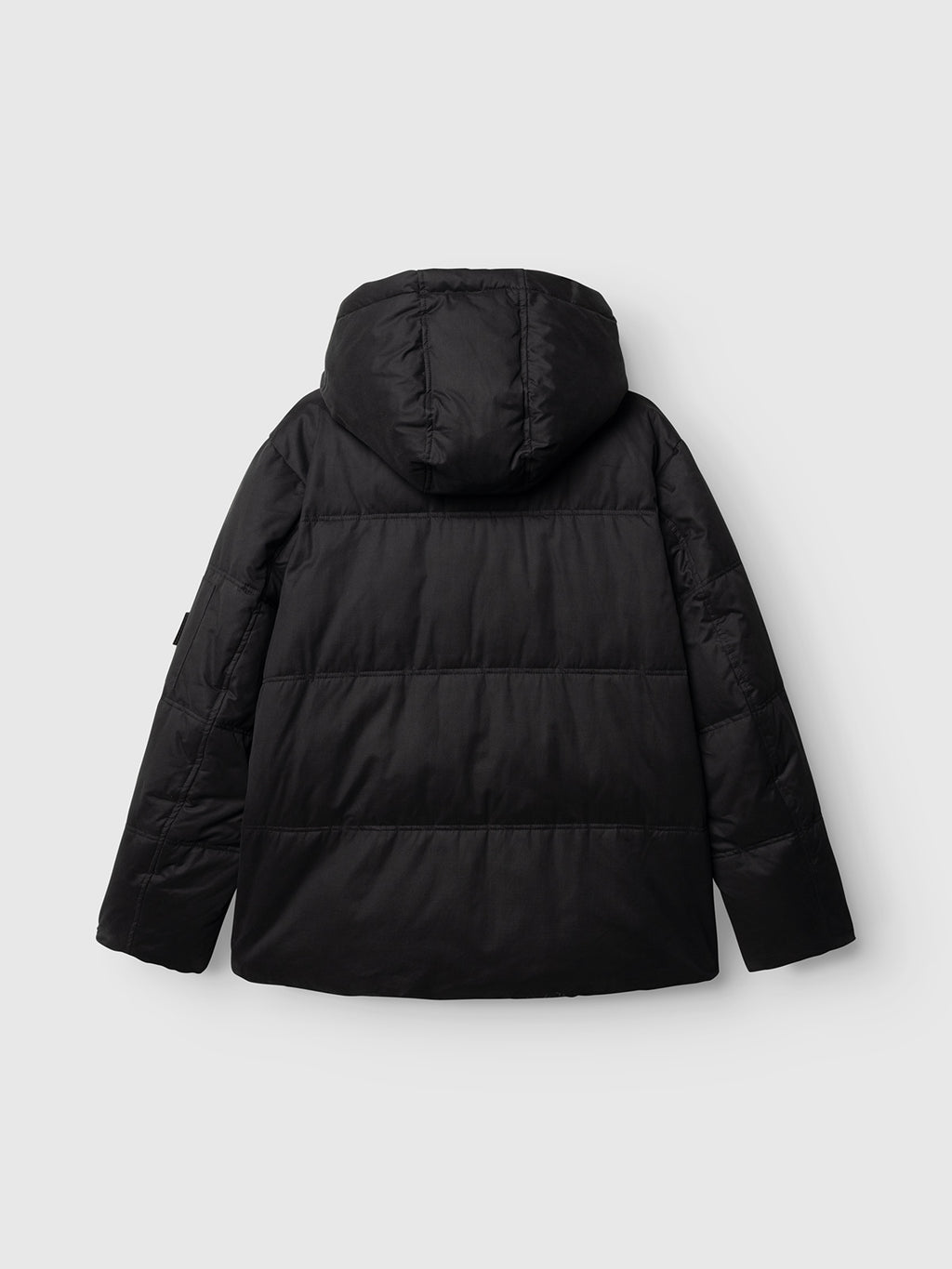 Back view of a black GABjulien Calle Outerwear puffer jacket with an adjustable hood.