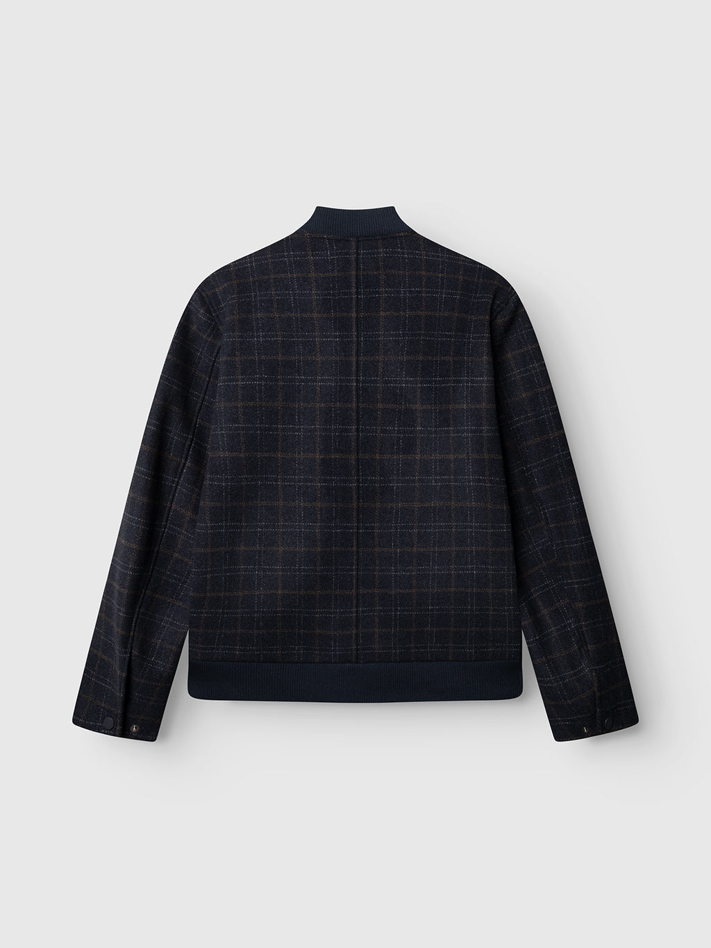 The GABmatheo Check Bomber Jacket by Gabba features a dark blue checked wool-blend design with long sleeves, ribbed cuffs, and a ribbed waist. Shown from the back on a plain light background, this essential men’s outerwear piece showcases both style and comfort.
