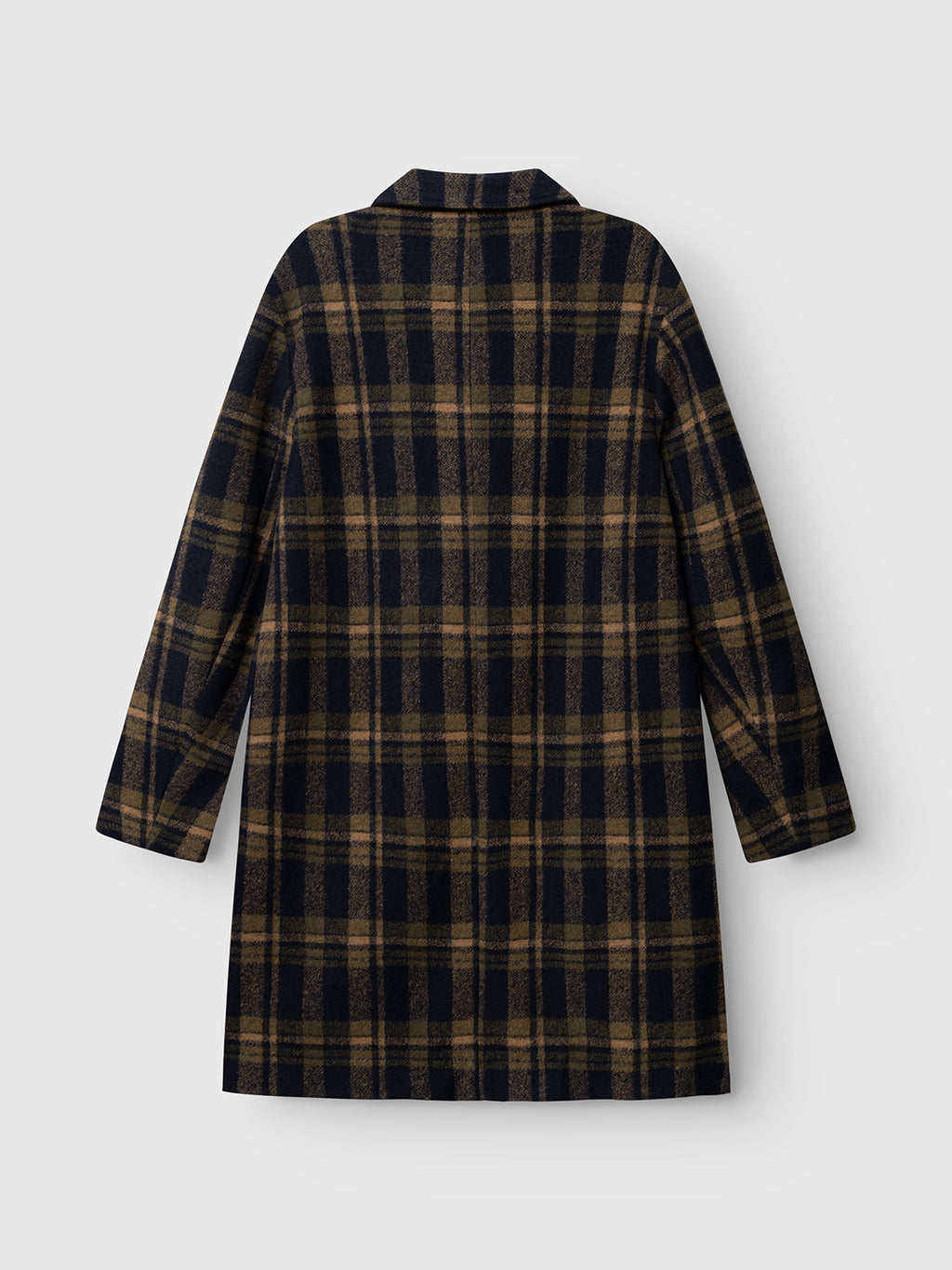 The GABleeds Chezy Coat - Forest Night by Gabba is a long-sleeve wool-blend coat featuring a dark plaid pattern in black, brown, and tan tones. Showcased from the back against a plain light background, this tailored outerwear piece is an essential addition to refined layering.