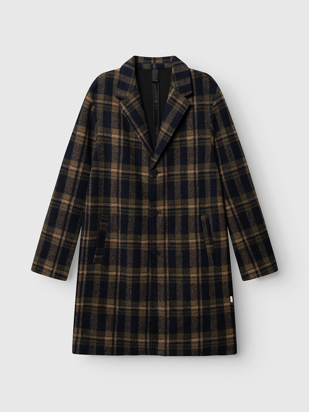 Introducing the Gabba GABleeds Chezy Coat in Forest Night—a sophisticated wool-blend outerwear piece featuring a notched collar, front button closure, and two side pockets. Its tailored silhouette boasts a dark brown and black plaid pattern highlighted with subtle tan lines, offering a classic yet refined look. The coat is elegantly showcased against a plain white background.