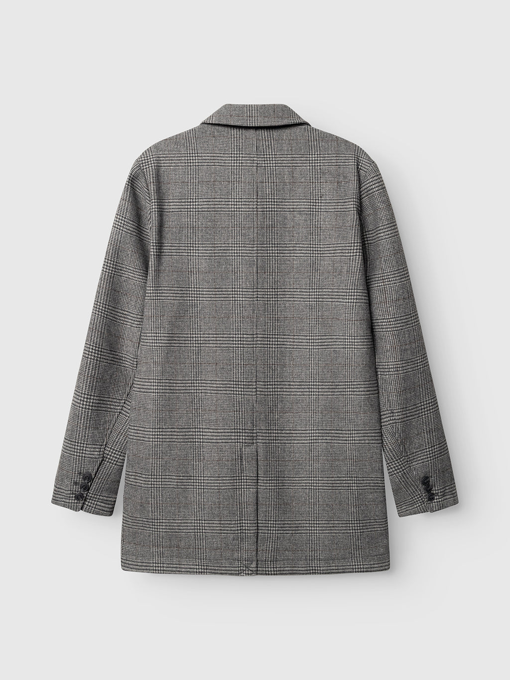 The Gabba GABowen Scacco Coat - Grey Check is displayed from the back, highlighting its notched collar and long sleeves with buttoned cuffs. Crafted from a refined wool-blend checked fabric, this regular fit tailored outerwear piece is laid flat against a plain white background.