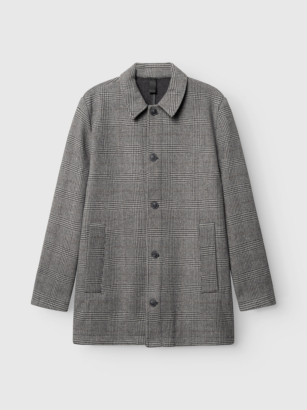 The GABowen Scacco Coat - Grey Check by Gabba features a tailored, gray plaid design with a collar, button-down front, and two front pockets, expertly crafted from a wool-blend checked fabric. Displayed on a plain light background.