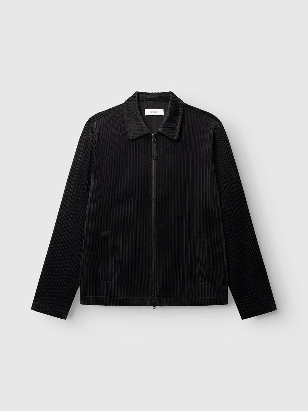 Gabba GABnik Zip Riglia GOTS Jacket in dark grey, featuring a wide-wale corduroy texture, collar, front zipper closure, and two side pockets, displayed against a plain light gray background.