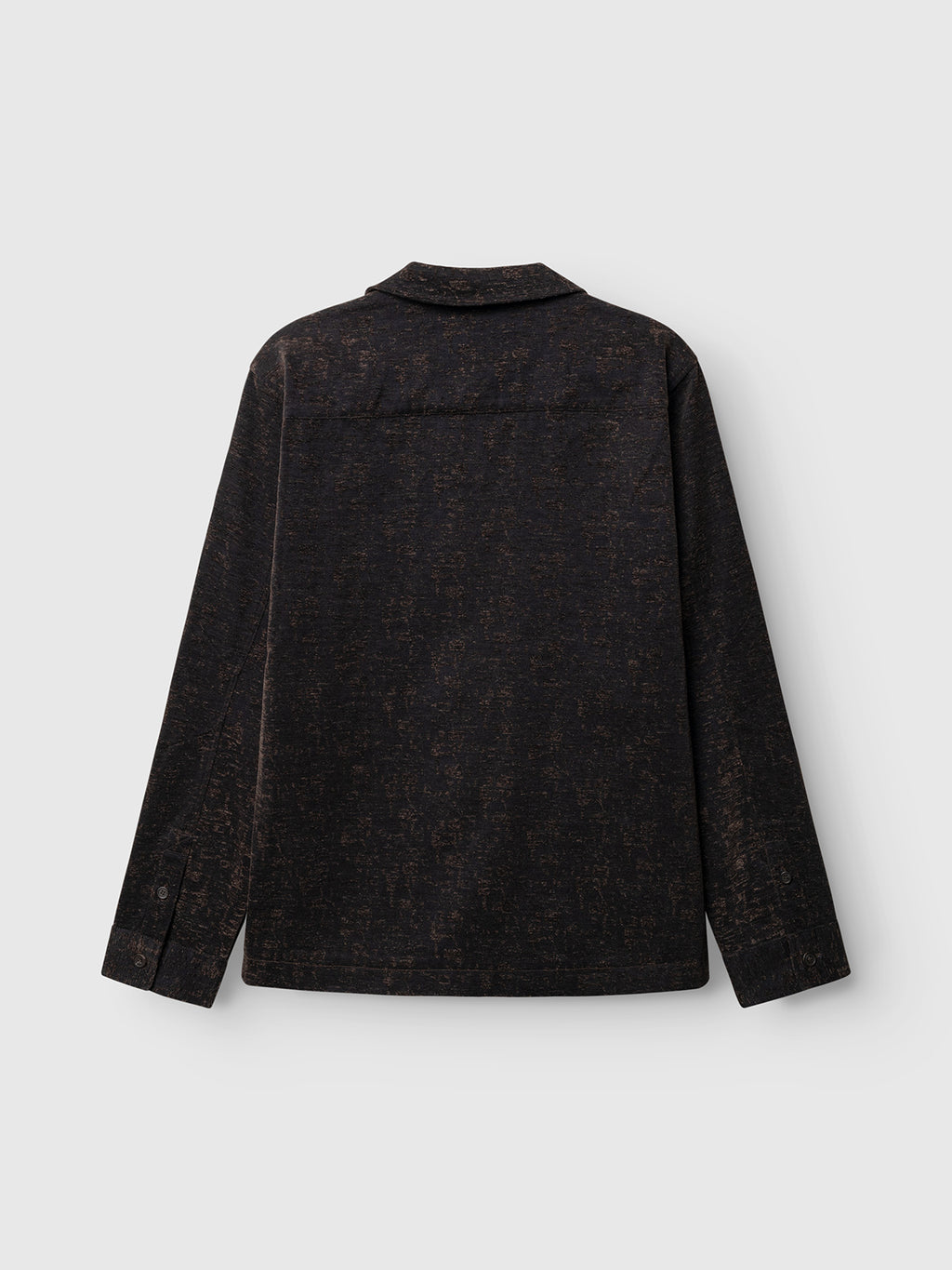 Back view of the Gabba GABsimone Pockt Monte LS Overshirt in Brown Slate—a long-sleeve lyocell-blend jacquard shirt jacket featuring a subtle textured pattern, straight hem, collar, and buttoned cuffs, shown against a light gray background; this contemporary statement piece offers a relaxed fit.