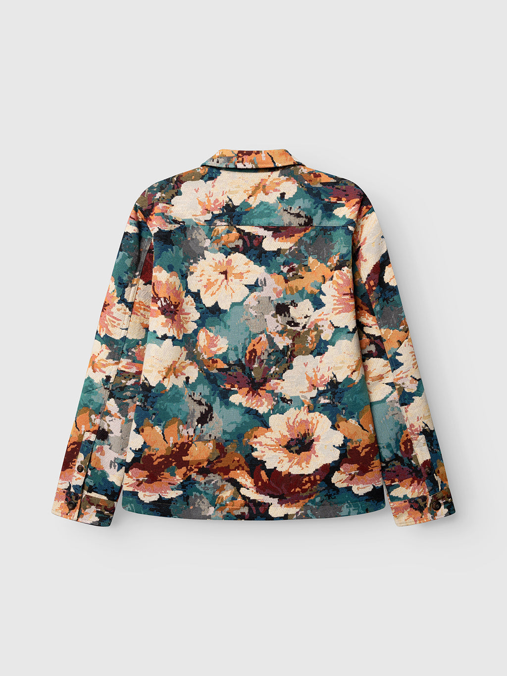 The Gabba GABsimone Reso Fiore LS Overshirt in Multi Pattern is a long-sleeve, relaxed-fit button-up featuring a bold floral design in teal, brown, cream, and orange tones. Crafted from a soft viscose-blend jacquard for added texture, it showcases a resort collar and is presented flat with the back facing forward.
