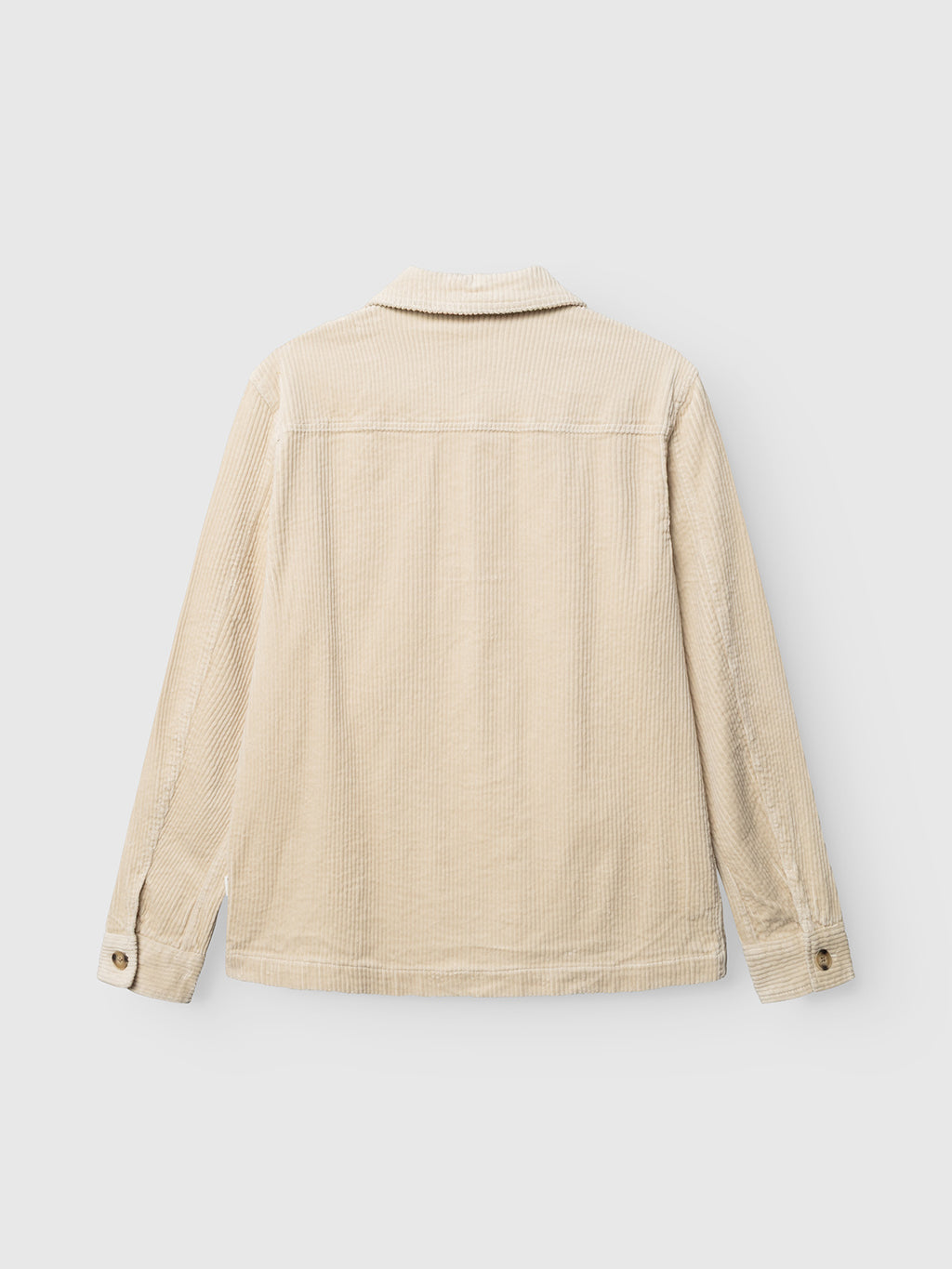 The GABbeta Ibre LS Overshirt by Gabba in Birch is shown from the back, highlighting its long sleeves with cuffs, straight hem, and classic collar. Made from stretch corduroy fabric with a subtle vertical ribbed texture, this versatile layering essential merges comfort and timeless style.