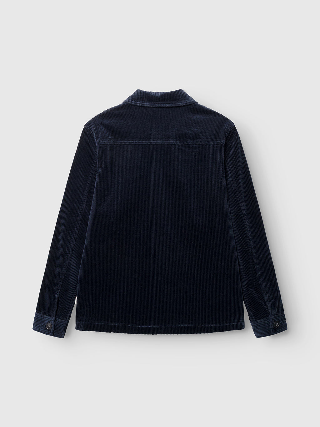 The Gabba GABbeta Ibre LS Overshirt in Dark Navy, displayed from the back on a light gray background, features a regular fit, long sleeves, a collar, and buttoned cuffs. Made from stretch corduroy, this overshirt offers enhanced comfort and flexibility.
