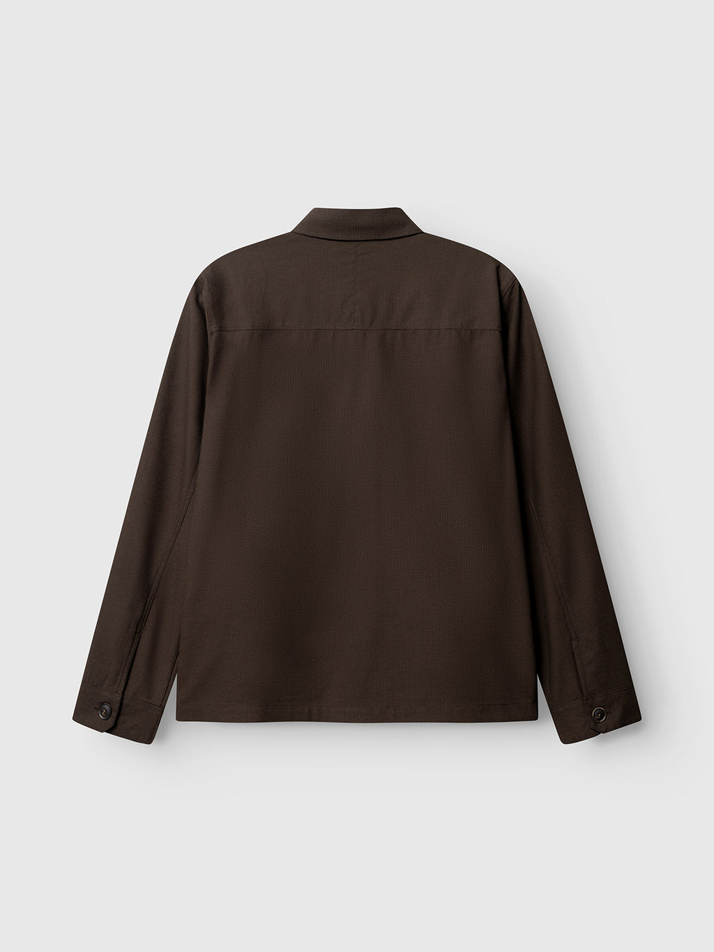 Back view of the Gabba GABtogger Base Deme LS Overshirt in Brown Slate, featuring a collared neckline and buttoned cuffs, crafted from micro-pattern woven fabric in a regular fit, laid flat against a light gray background.