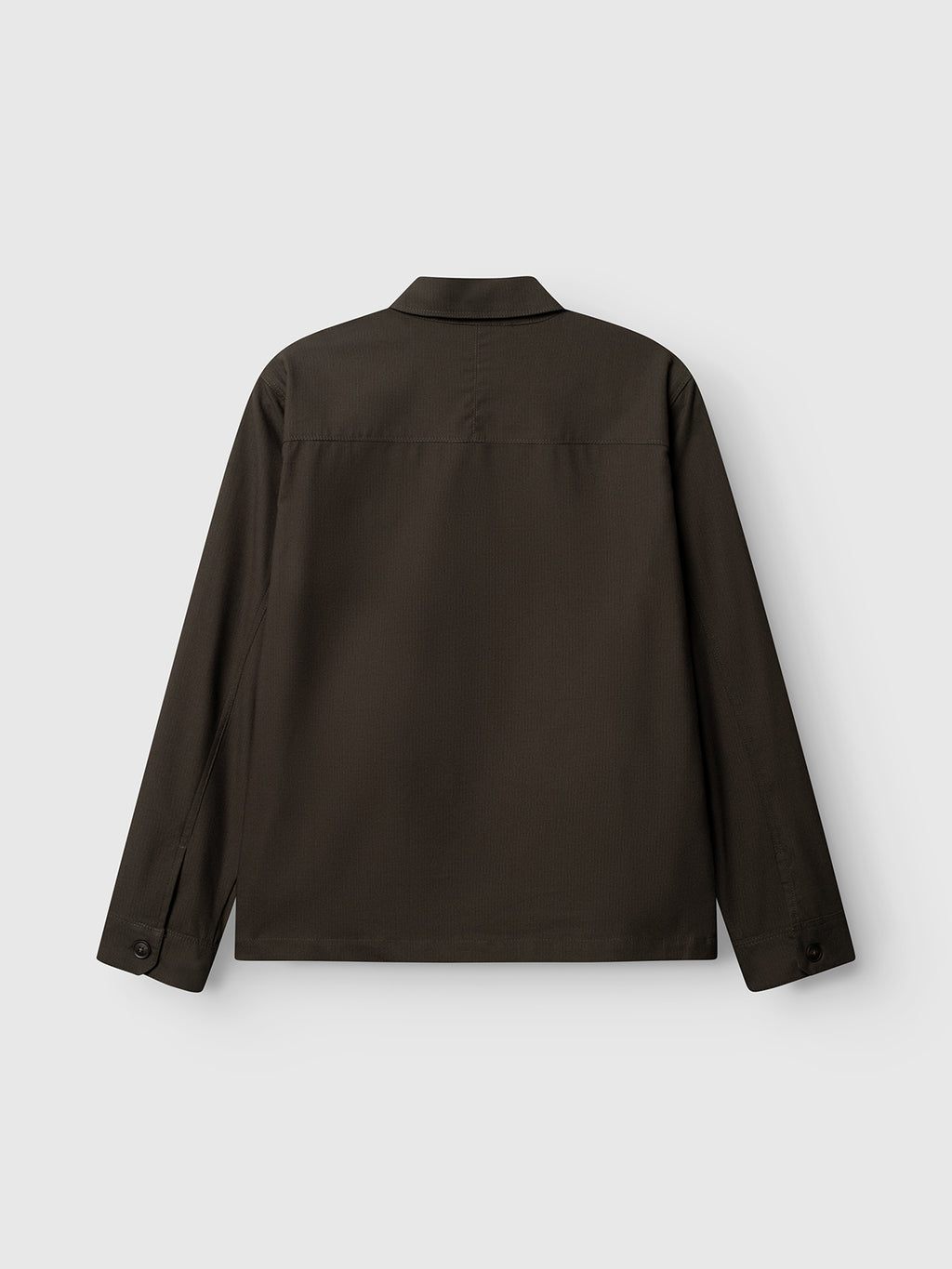 The Gabba GABtogger Base Deme LS Overshirt in Forest Night is displayed flat with the back facing up, revealing a straight yoke and buttoned cuffs against a plain white background. This regular fit overshirt features a lightweight, long-sleeve design crafted from subtly textured micro-pattern woven fabric.
