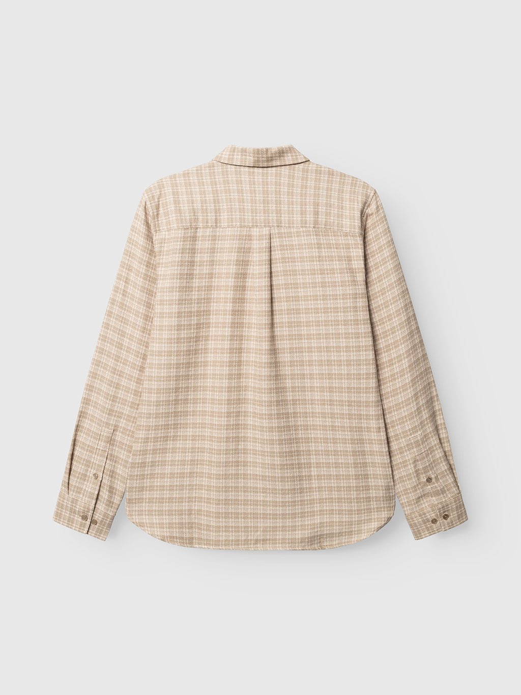 The Gabba GABsven Reg TX2 LS Shirt - Sand Crocker is a regular-fit, long-sleeved shirt shown from the back in beige and white plaid. Crafted from yarn-dyed cotton for lasting color, it features a checked texture, curved hem, upper back pleat, and buttoned cuffs.