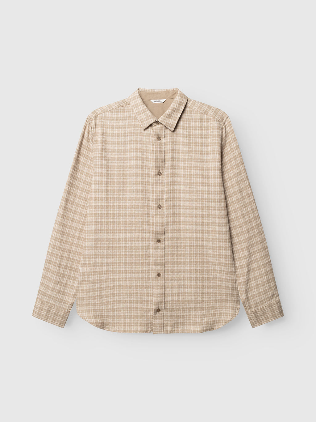 The Gabba GABsven Reg TX2 LS Shirt - Sand Crocker is laid flat on a white background. Crafted from yarn-dyed cotton, this beige and white plaid shirt features a regular fit, classic collar, button-down front, and a softly checked texture for timeless appeal.