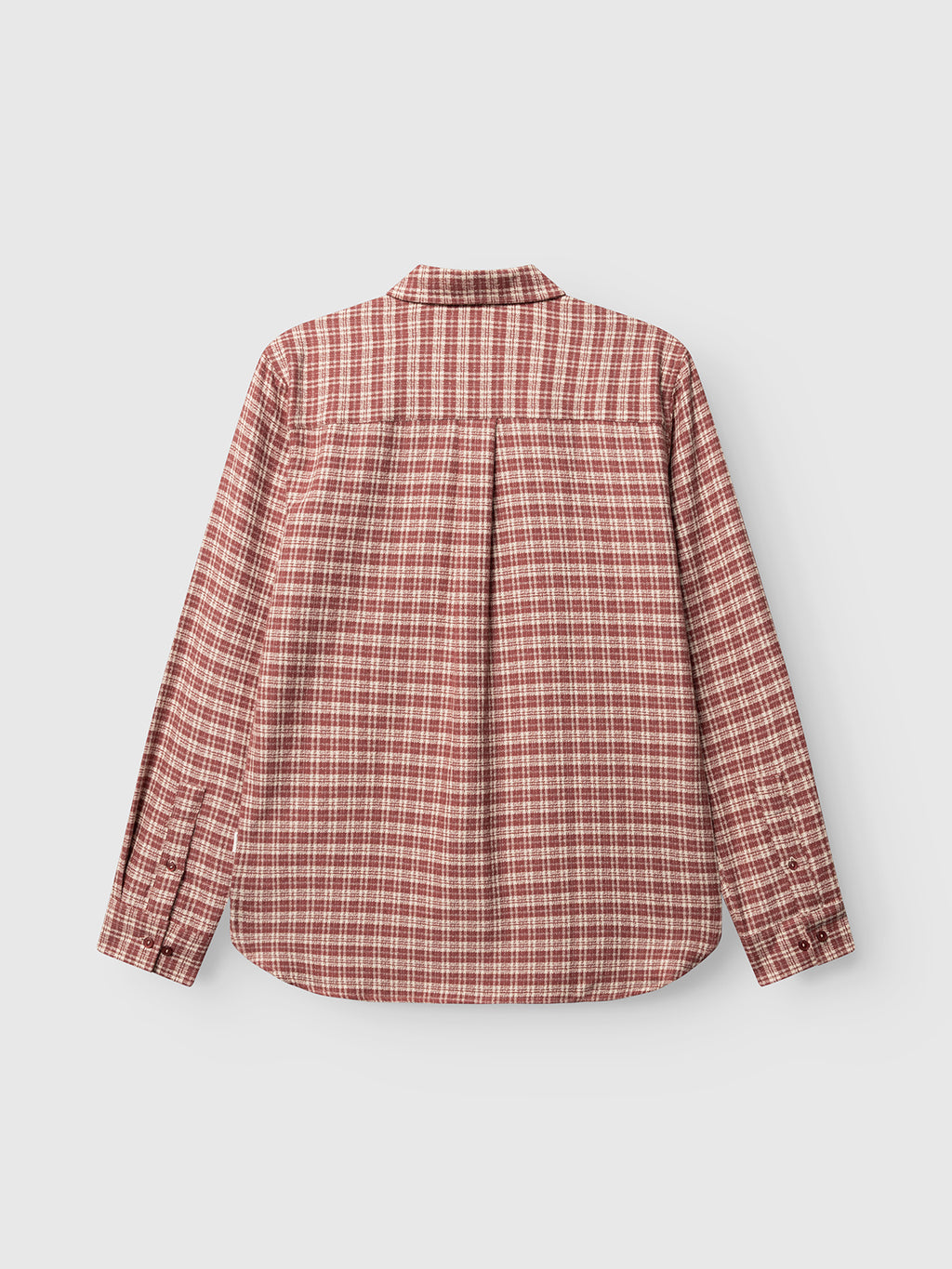 The image displays the back view of the Gabba GABsven Reg TX2 LS Shirt in Brick Red, showcasing its regular fit, red and white checked texture, long sleeves, button-up front, yoke, and pleat detail.