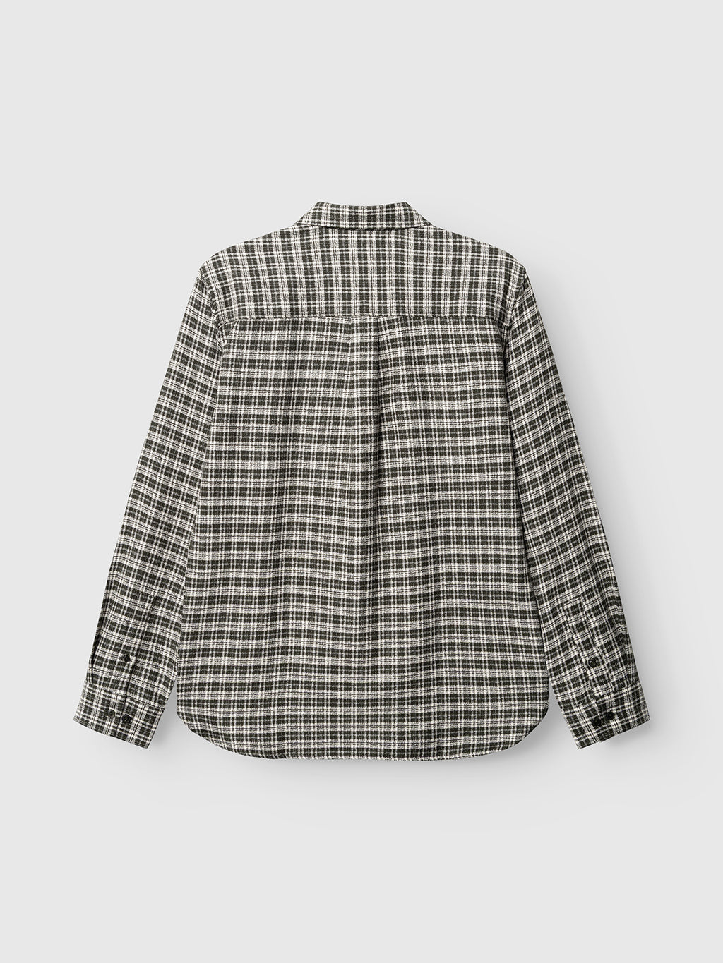 A long-sleeve, button-up regular fit GABsven Reg TX2 LS Shirt in a classic forest night check pattern by Gabba, crafted from yarn-dyed cotton and displayed from the back against a white background.