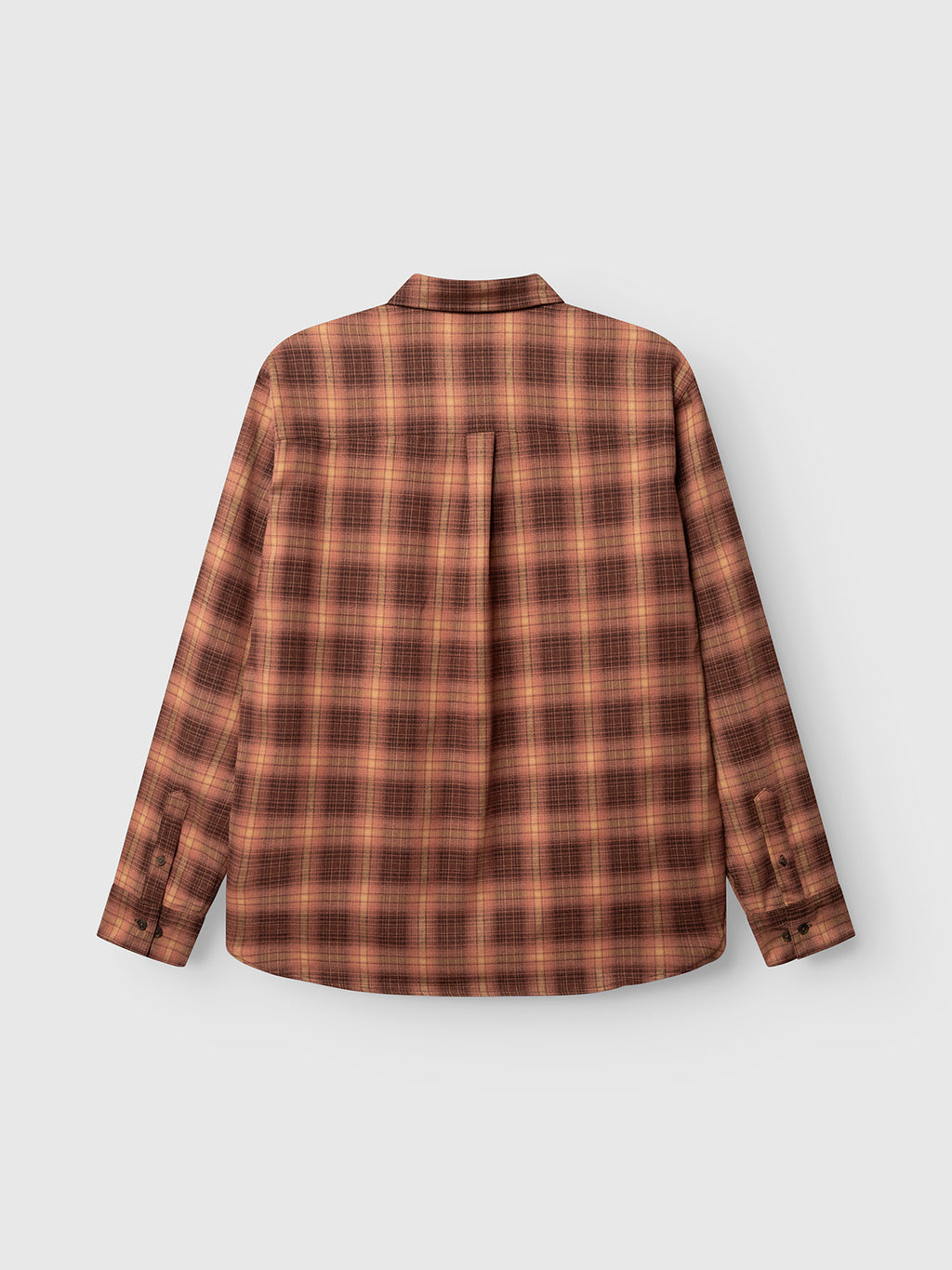 Back view of the Gabba GABsven Reg F1097 LS Shirt - Brick Red, a regular fit, long-sleeve flannel shirt in a brick red and tan plaid pattern. This button-up features a classic collar and buttoned cuffs, crafted with a checked texture. The shirt is displayed flat on a light gray background.