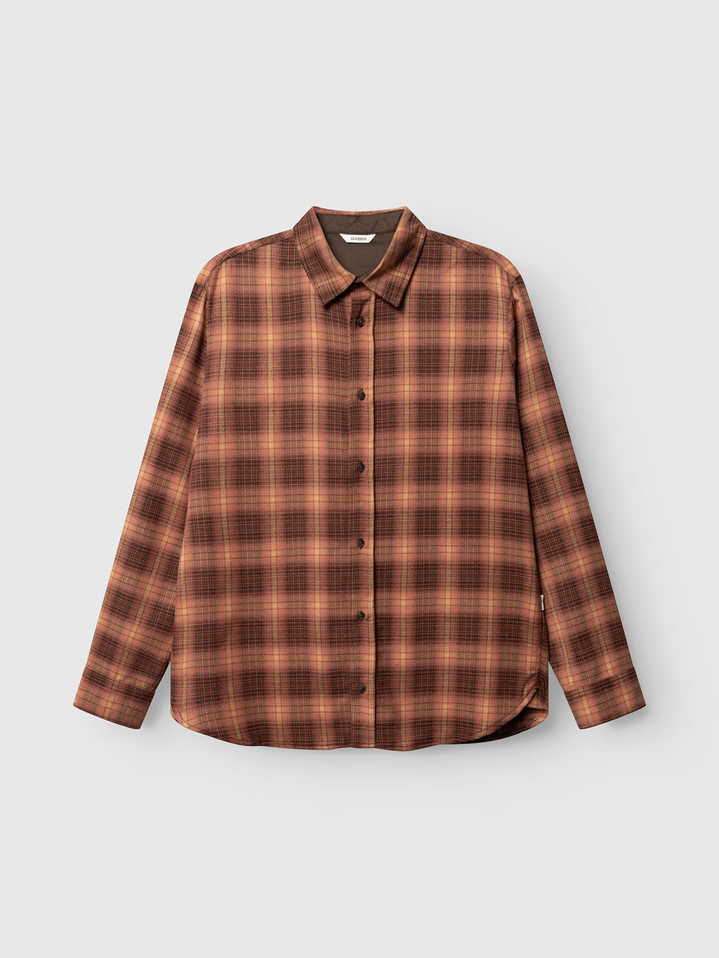 The Gabba GABsven Reg F1097 LS Shirt in Brick Red is a long-sleeved, button-up regular-fit shirt featuring a brown, red, and orange plaid pattern with a checked texture. Crafted from a comfortable stretch-viscose blend, it is showcased against a plain white background.