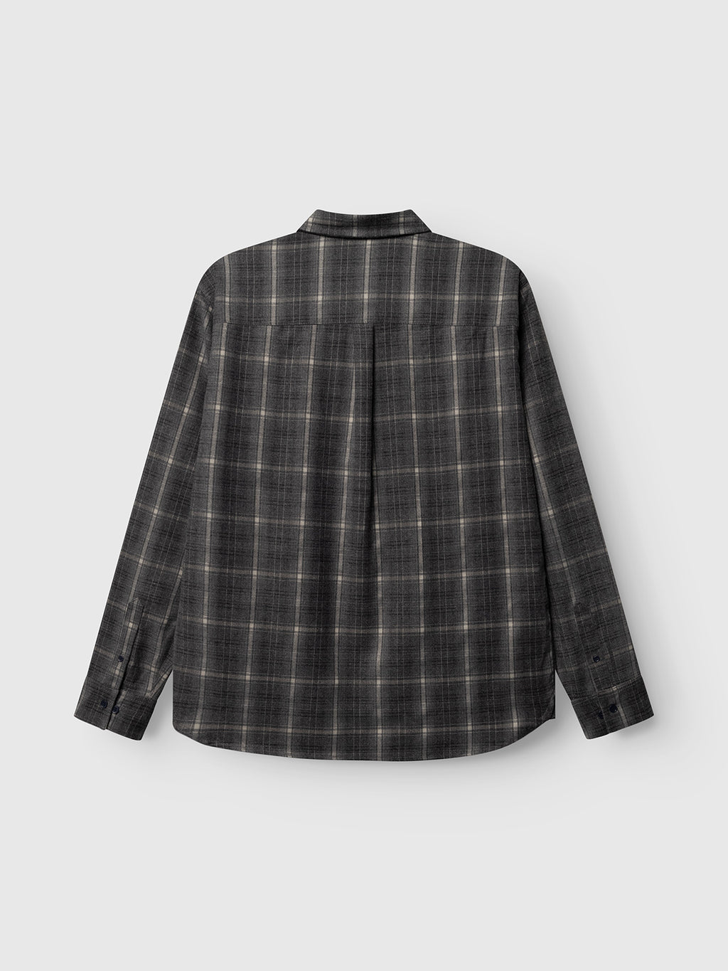 Back view of the Gabba GABsven Reg F1097 LS Shirt - Night Sky, a long-sleeve, regular-fit shirt featuring a dark gray and white plaid pattern in a checked texture, crafted from a comfortable stretch-viscose blend, shown against a plain light gray background.
