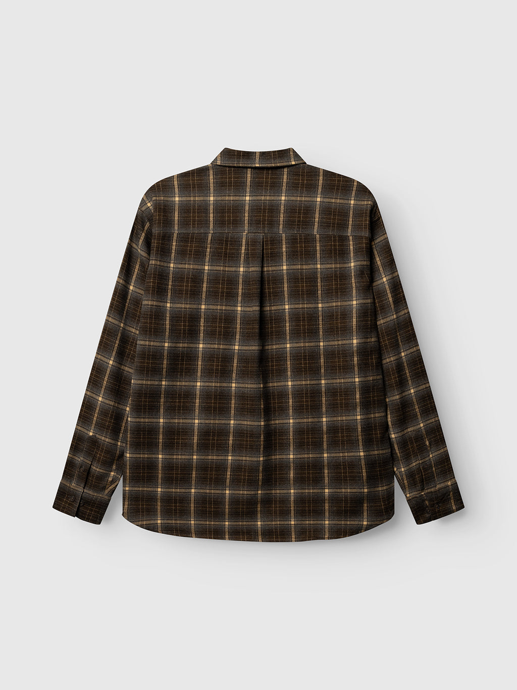A long-sleeve, button-up regular fit Gabba GABsven Reg F1097 LS Shirt in a brown and yellow plaid checked pattern, displayed from the back against a plain light gray background.