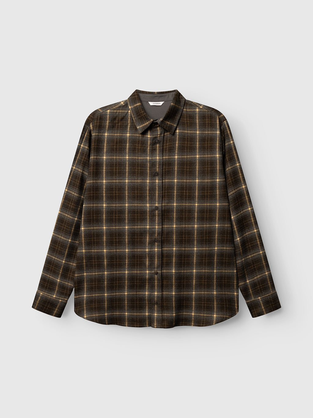 Introducing the Gabba GABsven Reg F1097 LS Shirt in Forest Night—a long-sleeved, regular-fit button-up designed with a brown, black, and yellow checked pattern. Crafted from a comfortable stretch-viscose blend, this shirt is showcased against a plain white background.