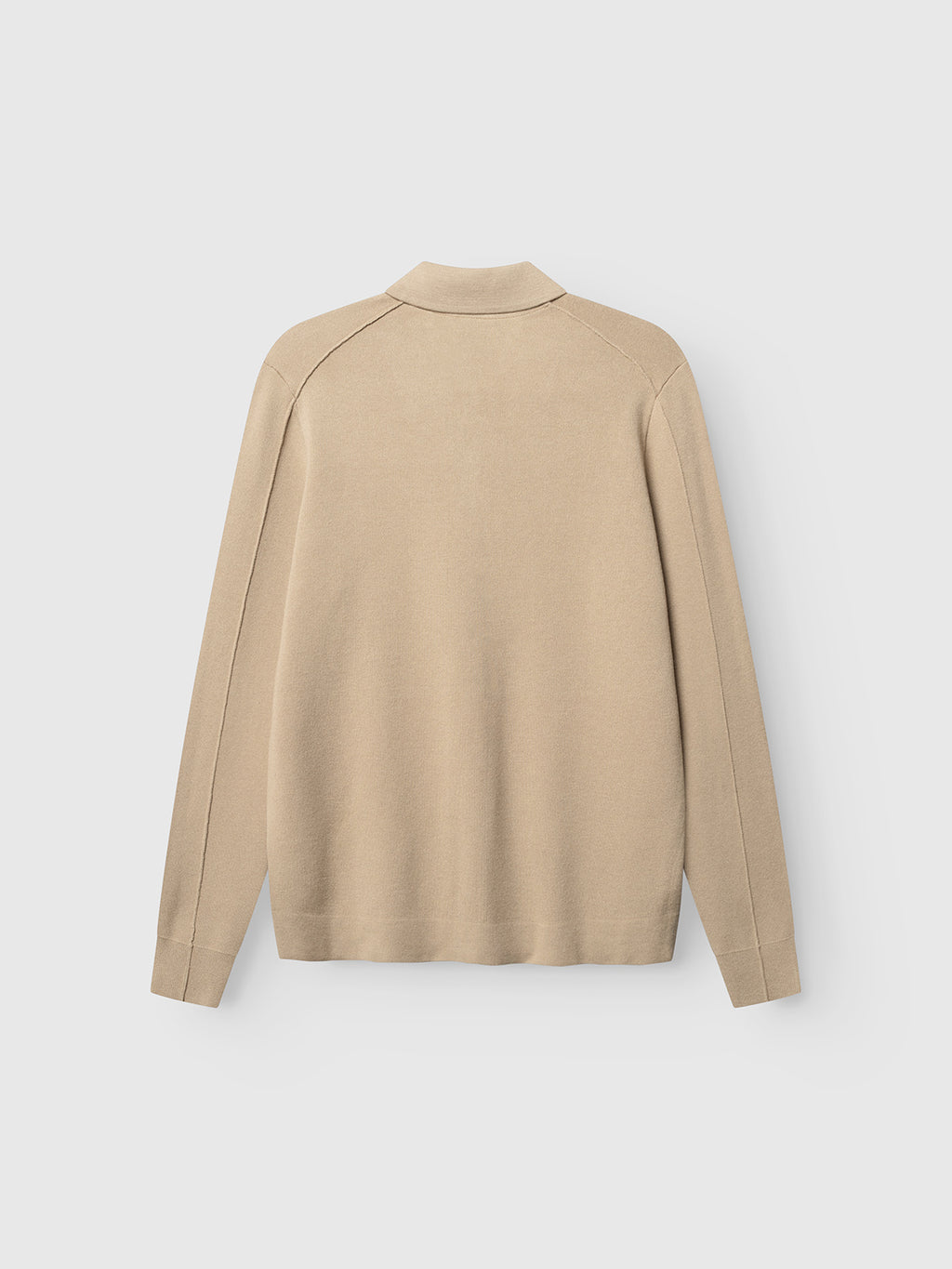 The Gabba GABadriel Half Zip Lume LS Knit in Sand Crocker is displayed from the back, featuring a beige long-sleeve design with ribbed hem and cuffs. Crafted in a regular fit knit viscose blend, the sweater is set against a plain white background.