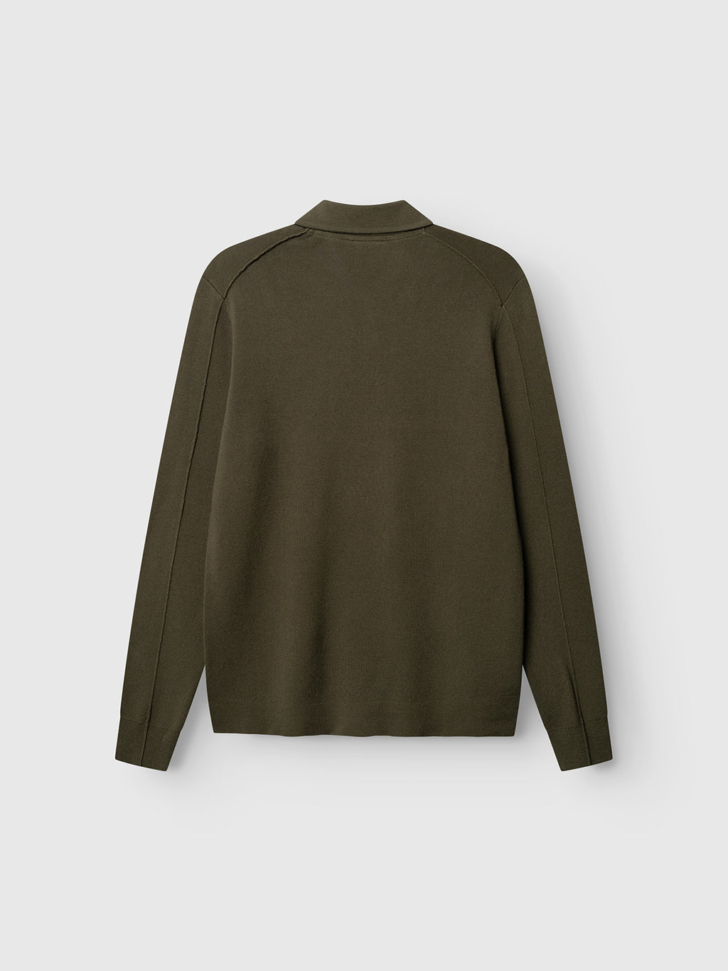 Back view of the Gabba GABadriel Half Zip Lume LS Knit sweater in Forest Night, featuring a regular fit and a collar, made from a viscose blend knit, displayed against a plain light gray background.
