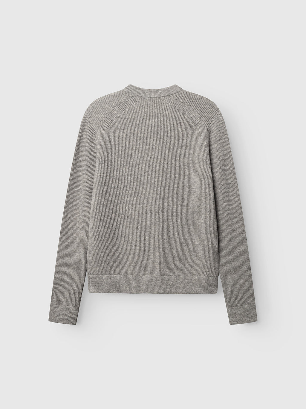 The Gabba GABremy Cardi Flash LS Knit in Grey Mel is displayed flat against a white background, shown from the back. This long-sleeve wool cardigan features a rib-knit texture and boasts a simple, classic design with no visible embellishments for a relaxed fit.