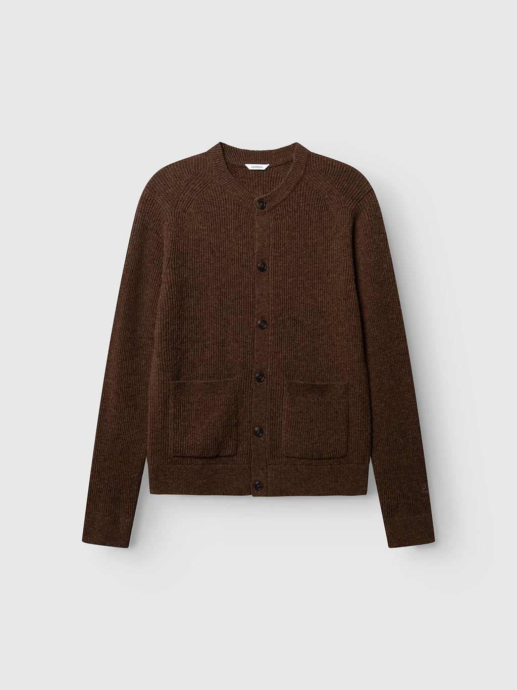 The Gabba GABremy Cardi Flash LS Knit in Brown Slate is a relaxed-fit wool cardigan with long sleeves, rib-knit detailing, and two front pockets, shown against a plain light gray background.