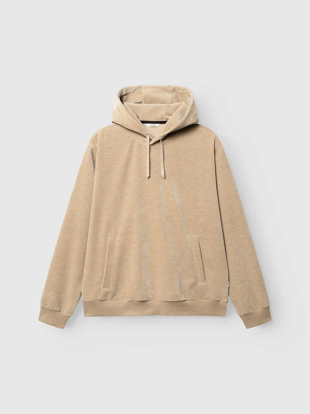 Gabba GABprimo Fune Hoodie LS Sweat in Sand Crocker—a beige jersey corduroy hooded sweatshirt featuring front pocket slits and adjustable drawstrings, shown flat against a white background; the perfect casual essential for everyday style.