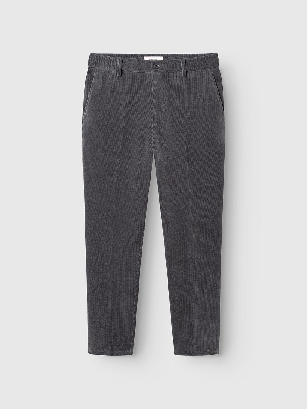 A pair of Gabba GABmonza Cropped Tasca Fune Pants in Turbulence Blue, featuring a relaxed straight fit with an elastic waistband and side pockets, laid flat on a light background.