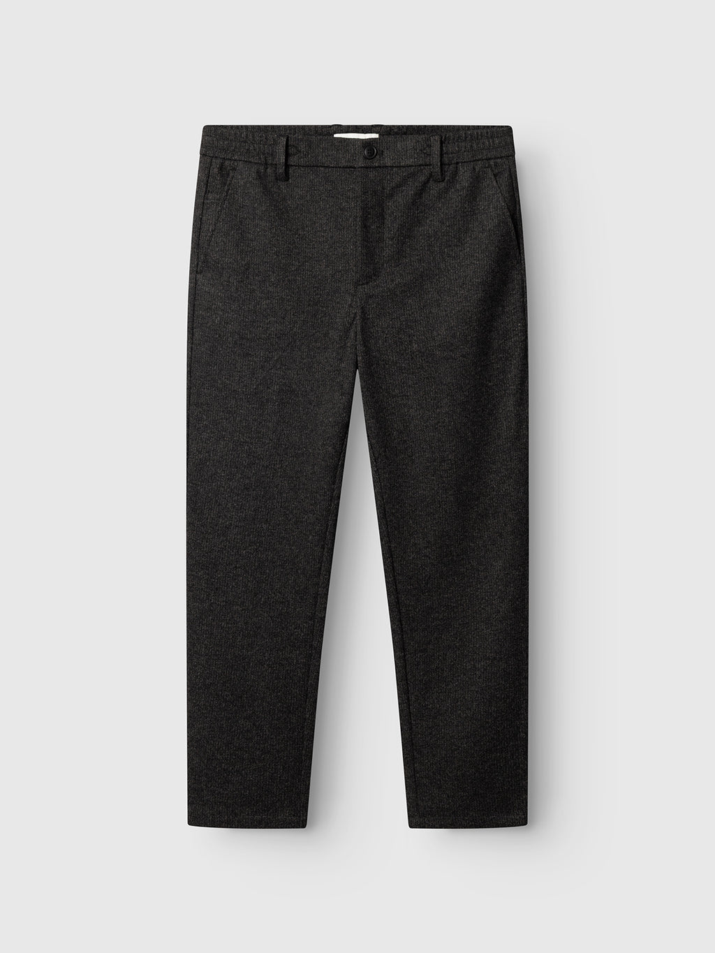 GABmonza Cropped Tasca Zaffe GRS Pant in Dark Grey by Gabba displayed flat against a light gray background, featuring a button closure, belt loops, and side pockets. Designed in a relaxed straight fit with a sophisticated wool-look finish.