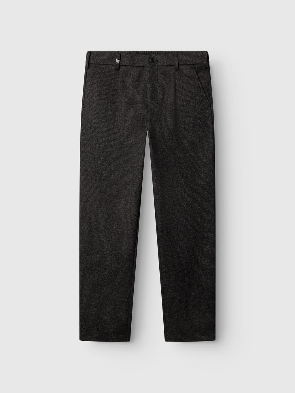 Flat lay of the Gabba GABnapoli 19 Zaffe GRS Pant in dark grey, crafted from soft stretch fabric with a refined wool-look finish. This regular straight fit trouser features belt loops, side pockets, and a button closure, all displayed on a plain light grey background.
