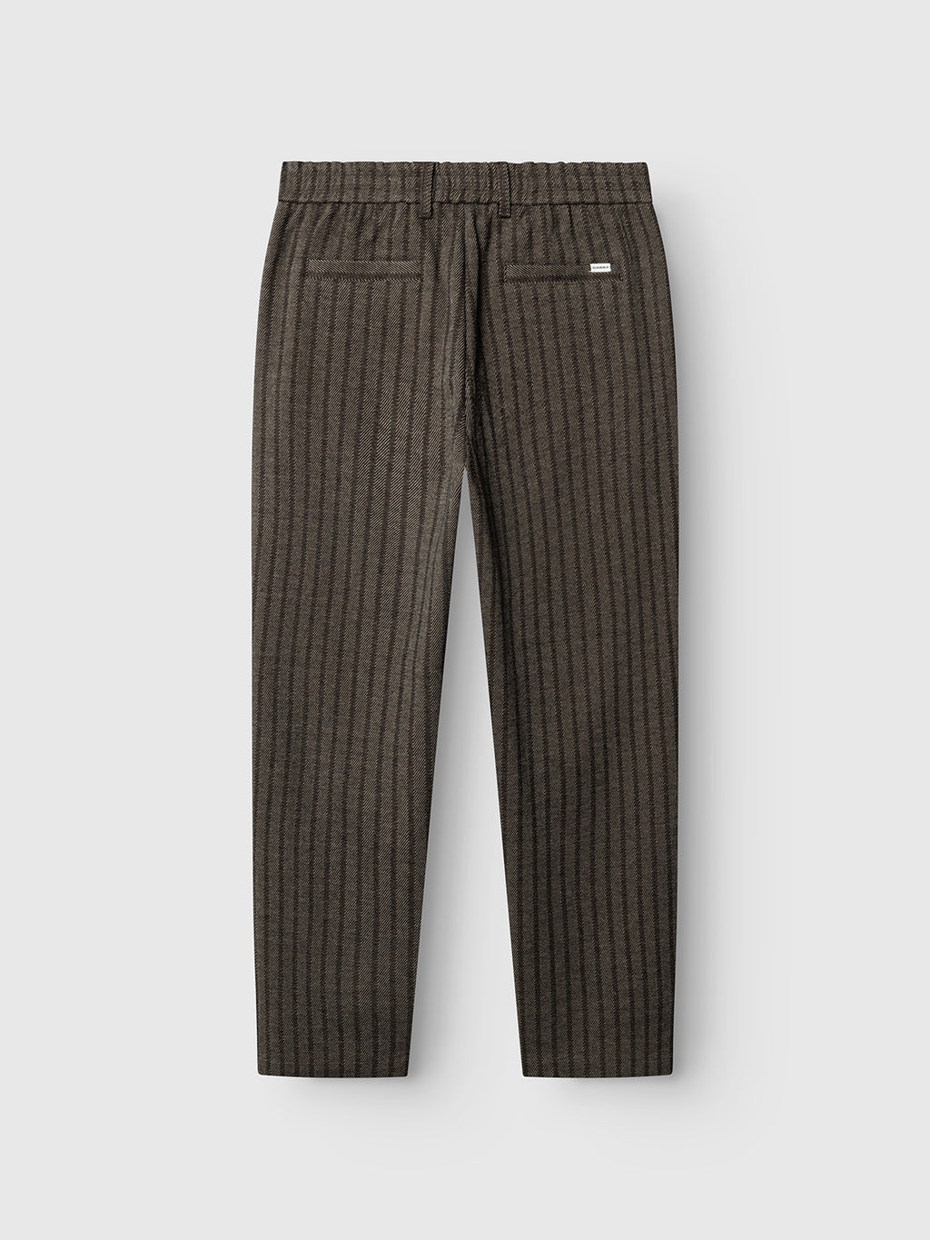The Gabba GABnapoli 19 Zapies Pant in Brown Slate features a wool-look stripe stretch fabric, shown from the back to highlight two welt pockets, an elastic waistband, and a small white tag above the right pocket. Displayed on a plain light background, these regular straight fit trousers combine comfort with timeless style.
