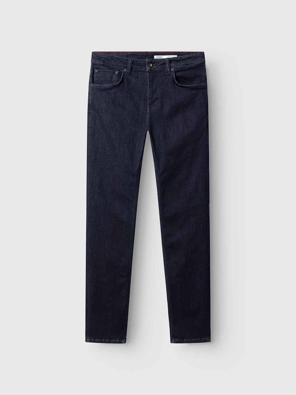 The Gabba GABjones Vanew Rinse Jeans in dark blue denim are slim straight fit jeans crafted from ISKO superstretch fabric, featuring a classic five-pocket design and button-zipper closure, shown against a light gray background.