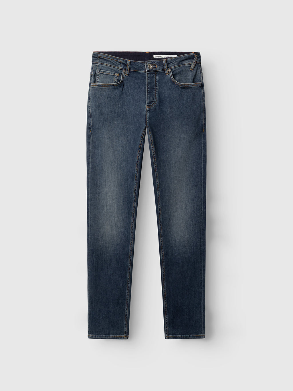 The Gabba GABjones2 Nham RS2113 Jeans in dark blue denim feature a slim straight fit and performance stretch fabric for enhanced comfort, designed with front and back pockets, plus a button and zipper closure. The jeans are displayed against a plain light gray background.