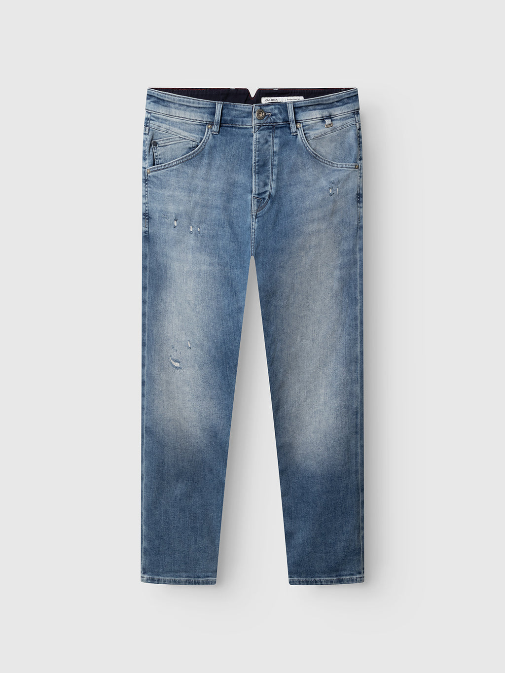 A pair of Gabba GABalex Cropped Nham RS2112 Jeans in mid blue denim, featuring a straight-leg fit with slight fading and minor distressed details, crafted from ISKO stretch denim for added flexibility and comfort, laid flat on a white background.
