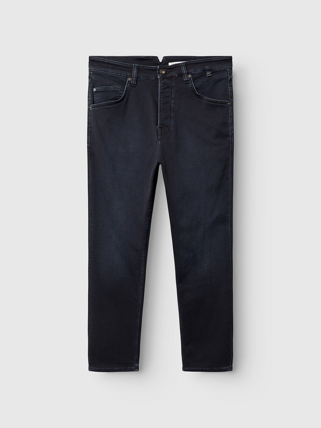 The GABalex Cropped Torino RS2106 Jeans by Gabba are displayed laid flat on a light gray background, shown from the front with visible pockets, belt loops, and a button closure. These relaxed tapered fit jeans feature dark blue indigo denim with a rich wash for timeless style.
