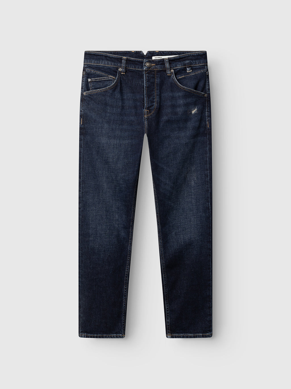The Gabba GABalex Cropped Cros RS2108 Jeans RCS in dark blue denim are crafted from cross-hatch fabric, featuring a straight-leg silhouette with a button and zipper closure, five pockets, subtle fading, and mild distressing near the right pocket. The jeans are displayed flat against a light gray background.